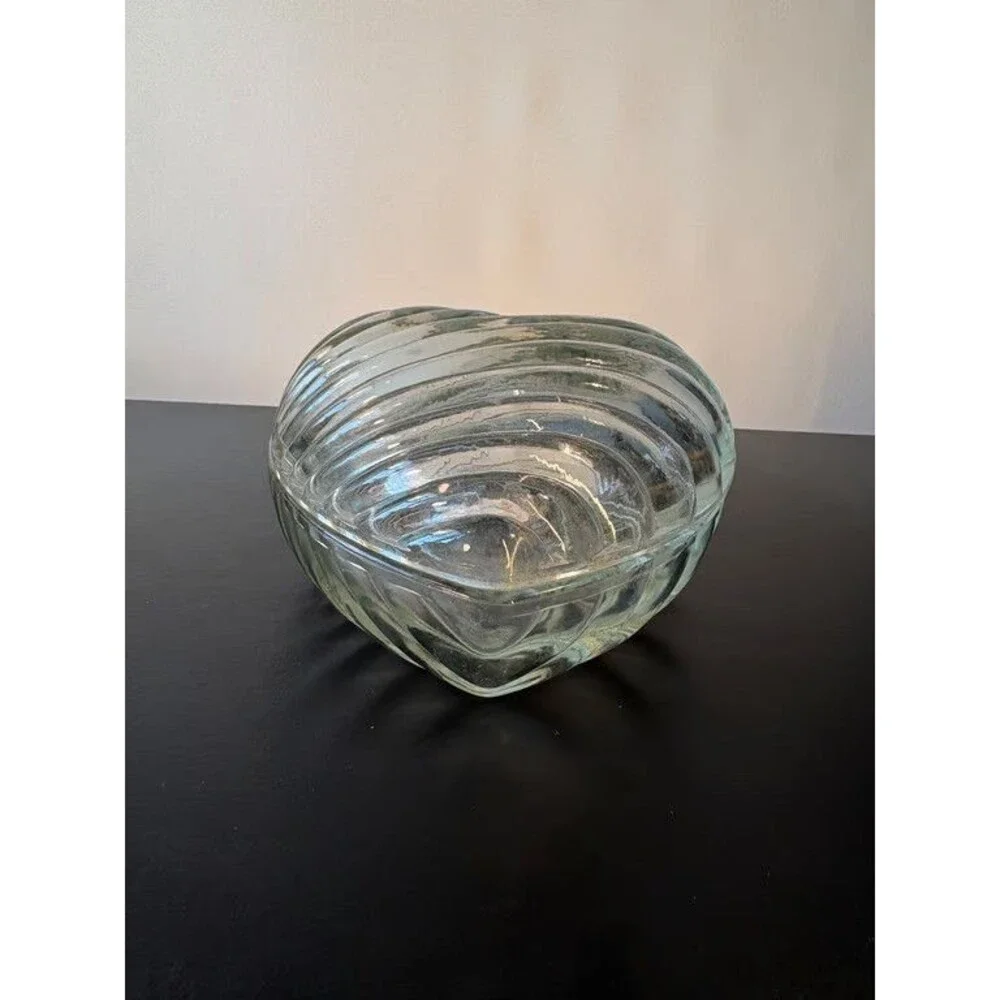 Pressed Glass Heart Bowls Pair Swirled Ribbed Clear Candy Dishes 5 in